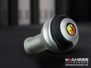 FIAT 500 Gear Shift Knob - Black Italy - Silver Base/ Black Leather Top + ABARTH Logo - V2